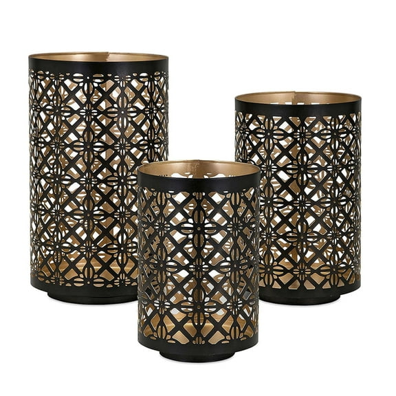 CC Home Furnishings Pierced Candle Lanterns - 12.25" - Black and Gold - Set of 3