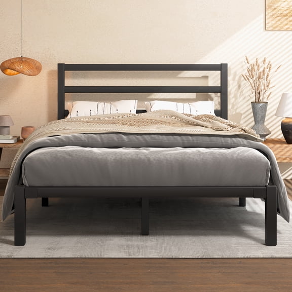 E-motie Queen Size Metal Platform Bed Frame with Headboard, Heavy Duty Metal Slat Mattress Foundation, Easy Assembly, No Box Spring Needed, Black