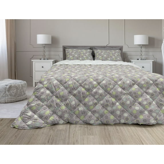 Fruit Comforter & Sham Bedding Set, Pastel Colored Composition of Sliced Figs with Tasty Flowering Plants, 3 pcs Duvet Set Microfiber Filling Quilt, 5 Sizes, Multicolor, by Ambesonne