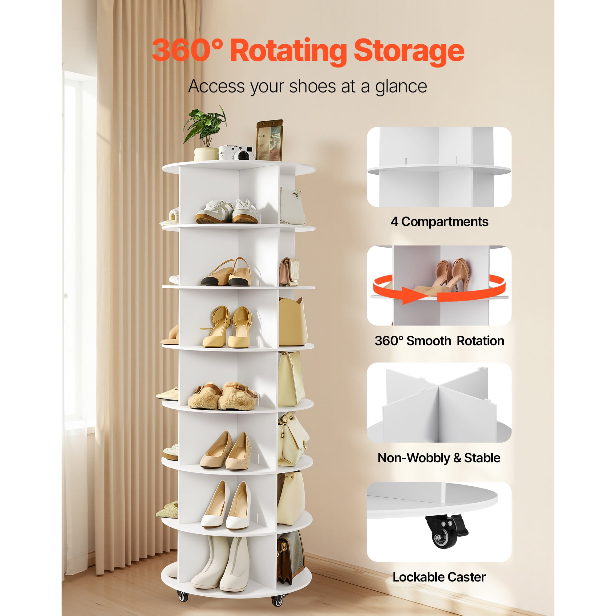 KFFKFF 7-Tier Rotating Shoe Rack Tower with Wheels, 360° Spinning Carousel Organizer, Movable Closet Shelf for Entryway or Living Room, White