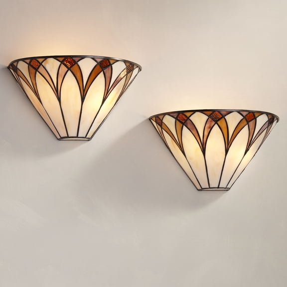Regency Hill Filton Tiffany Style Wall Light Sconces Set of 2 Bronze Hardwire 12 1/4" Fixture Brown White Art Glass for Bedroom Bathroom Vanity House