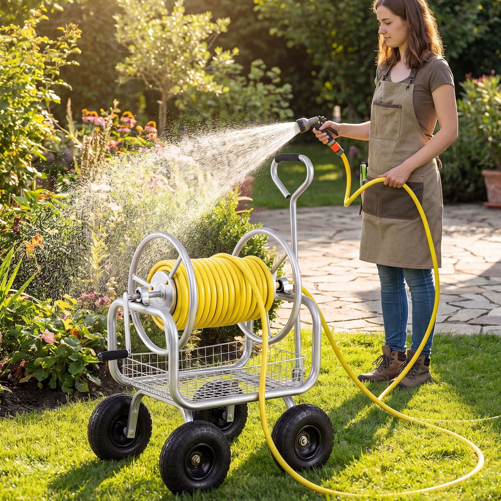 Costway Garden Hose Reel Cart with 4 Wheels, Storage Basket, 300 FT of 5/8” Large Capacity Silver