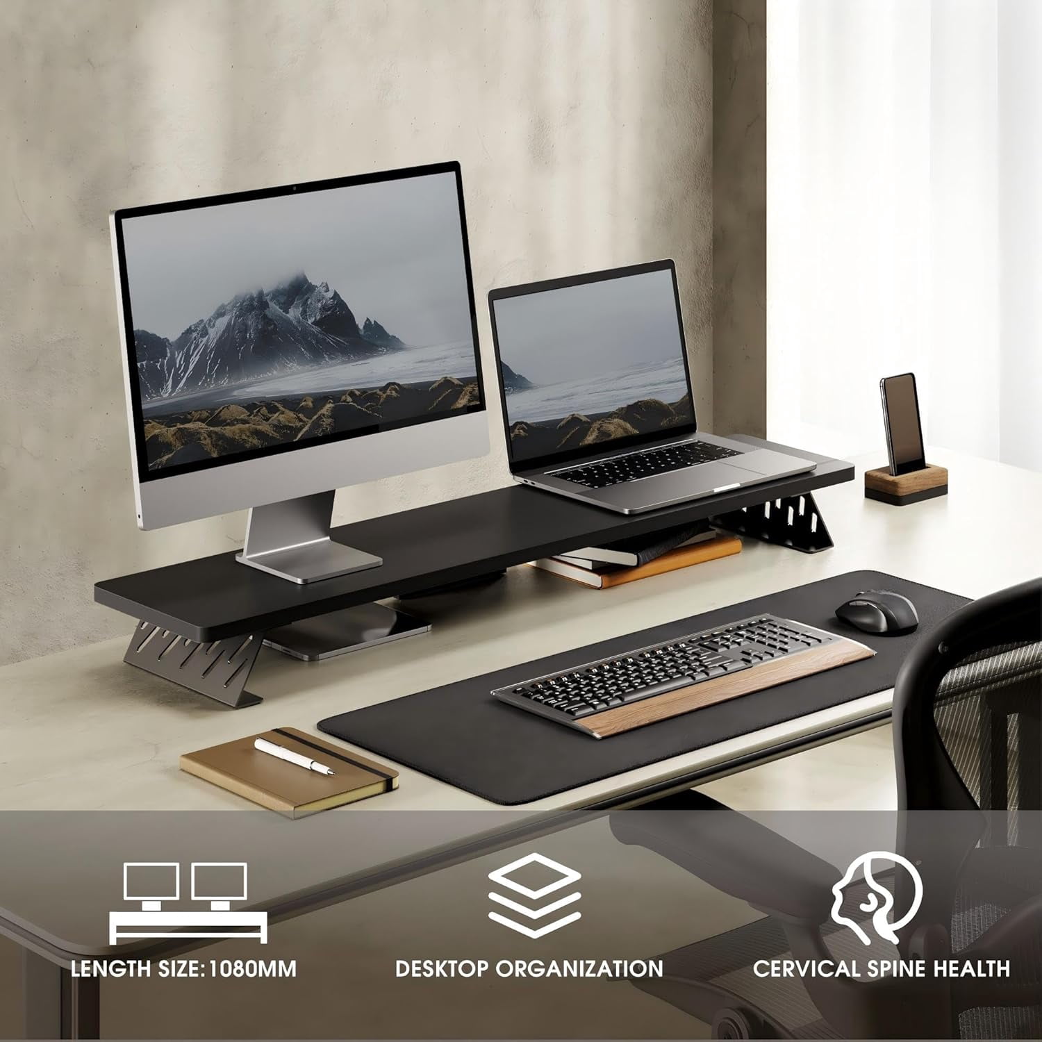 Wood and Steel Dual Monitor Stand Riser for Desktop, Laptop, PC, and Printer