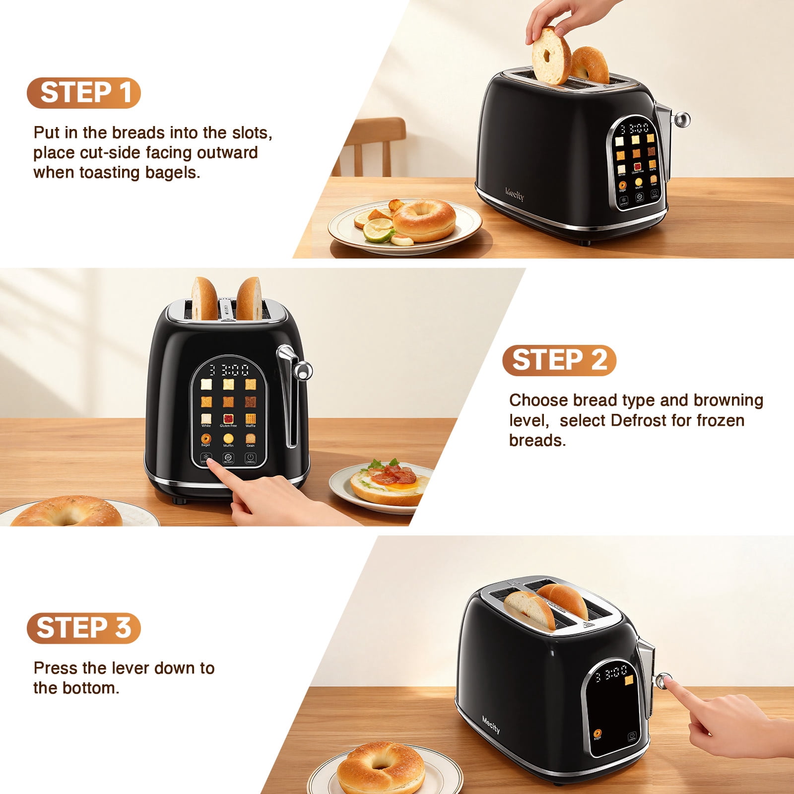 Mecity Easy Touch Screen Toaster 2 Slice – Retro Wide Slot Stainless Steel Toaster with Large Display, 6 Browning Levels, Bagel, Defrost & Reheat, Removable Crumb Tray, Black