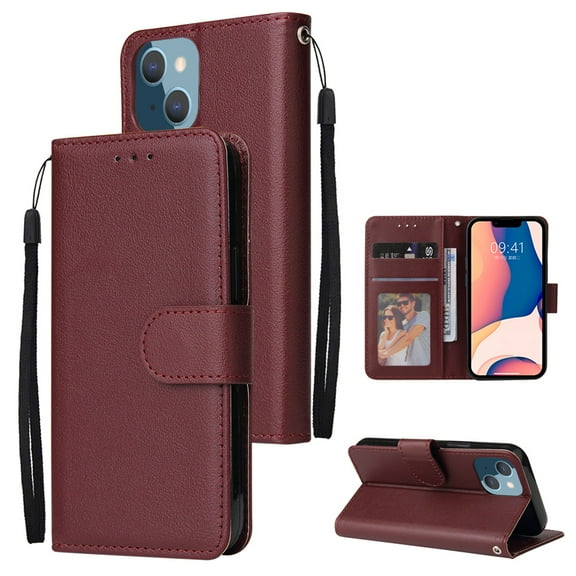 SaniMore for iPhone 15 Plus 6.7" PU Leather Case, Magnetic Closure Flip Wallet Cover with Wrist Strap Card Slot & Multi-Angle Kickstand All-Inclusive Protective Shell, Winered
