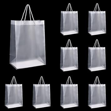 Set of 10 Frosted Plastic Gift Bags with Rope Handle, 8.25" / 12" / 14" Tall Party Favor Bags Floral Arrangements Shopping Boutique Bags (Frosted White, Large (14"))