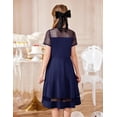 thumbnail image 5 of Oudiya Girls Contrast Mesh Short Sleeve A Line Party Dresses Navy Blue Formal Dress with Pockets for Tween 5-12Y, 5 of 7