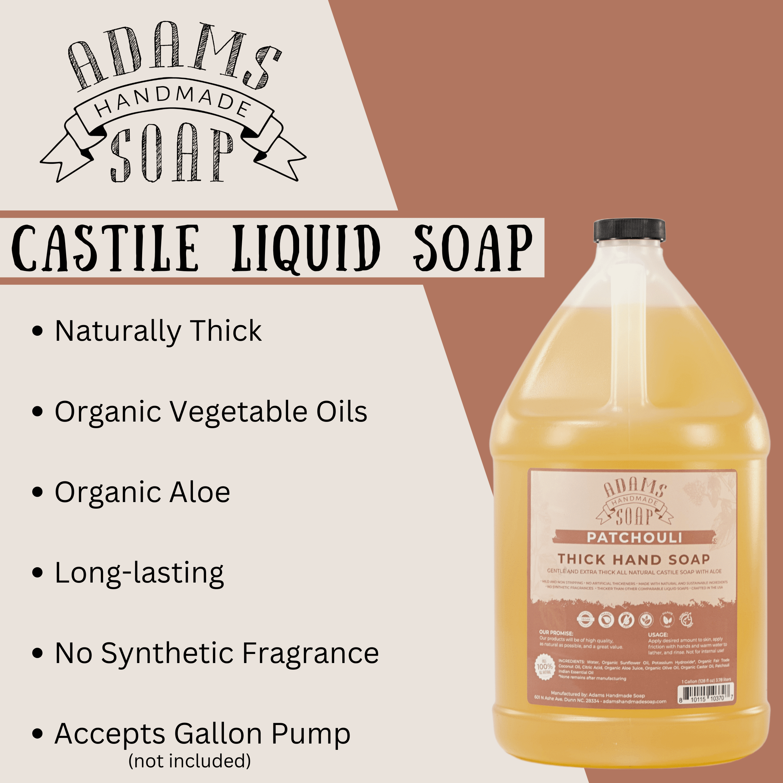 Patchouli Organic Castile Liquid Hand Soap 1 Gallon Refill Adams Handmade Soap
