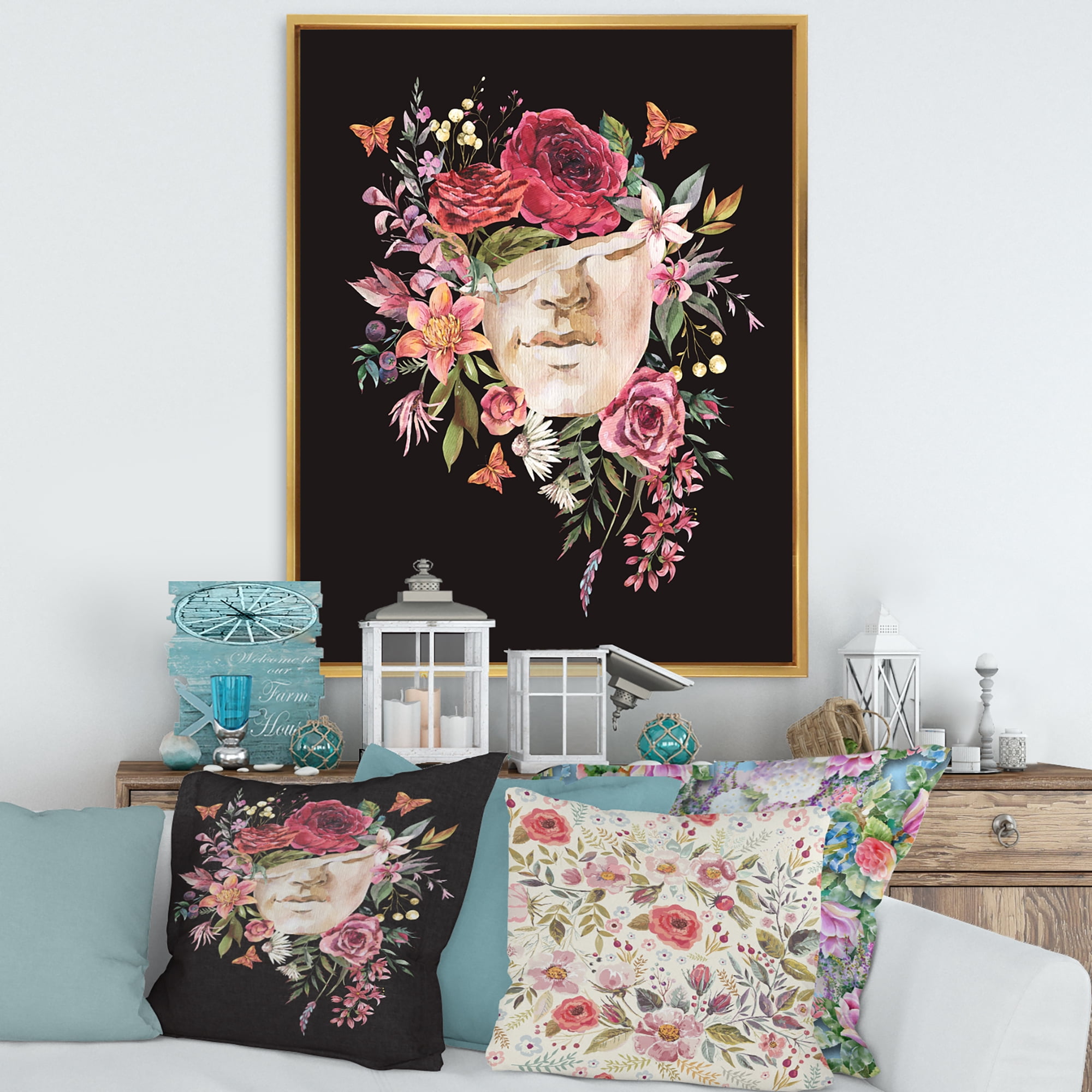 Designart 'Ancient Greek Sculpture Detail With Dry Flowers' Traditional Framed Canvas Wall Art Print