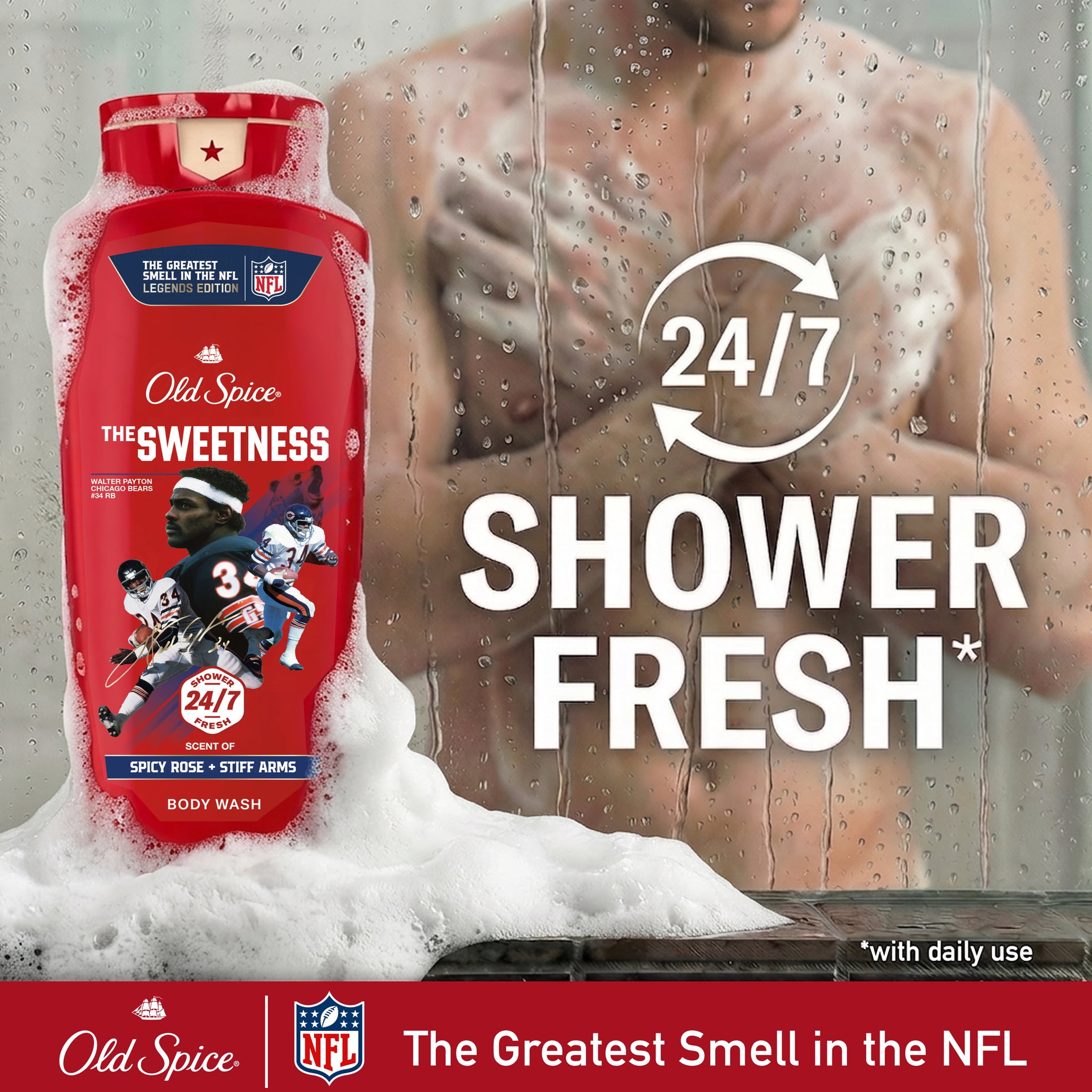 Old Spice Body Wash for Men, NFL Collection, Walter Peyton, Scent of Spicy Rose + Stiff Arms, 24 fl oz
