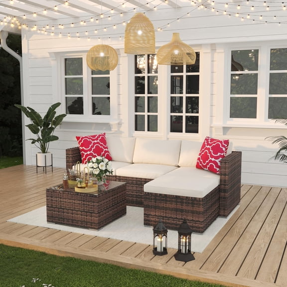 CazToi L-Shaped 5-Piece PE Rattan Patio Furniture Set, Iron Frame Outdoor Sectional Sofa with Glass Coffee Table