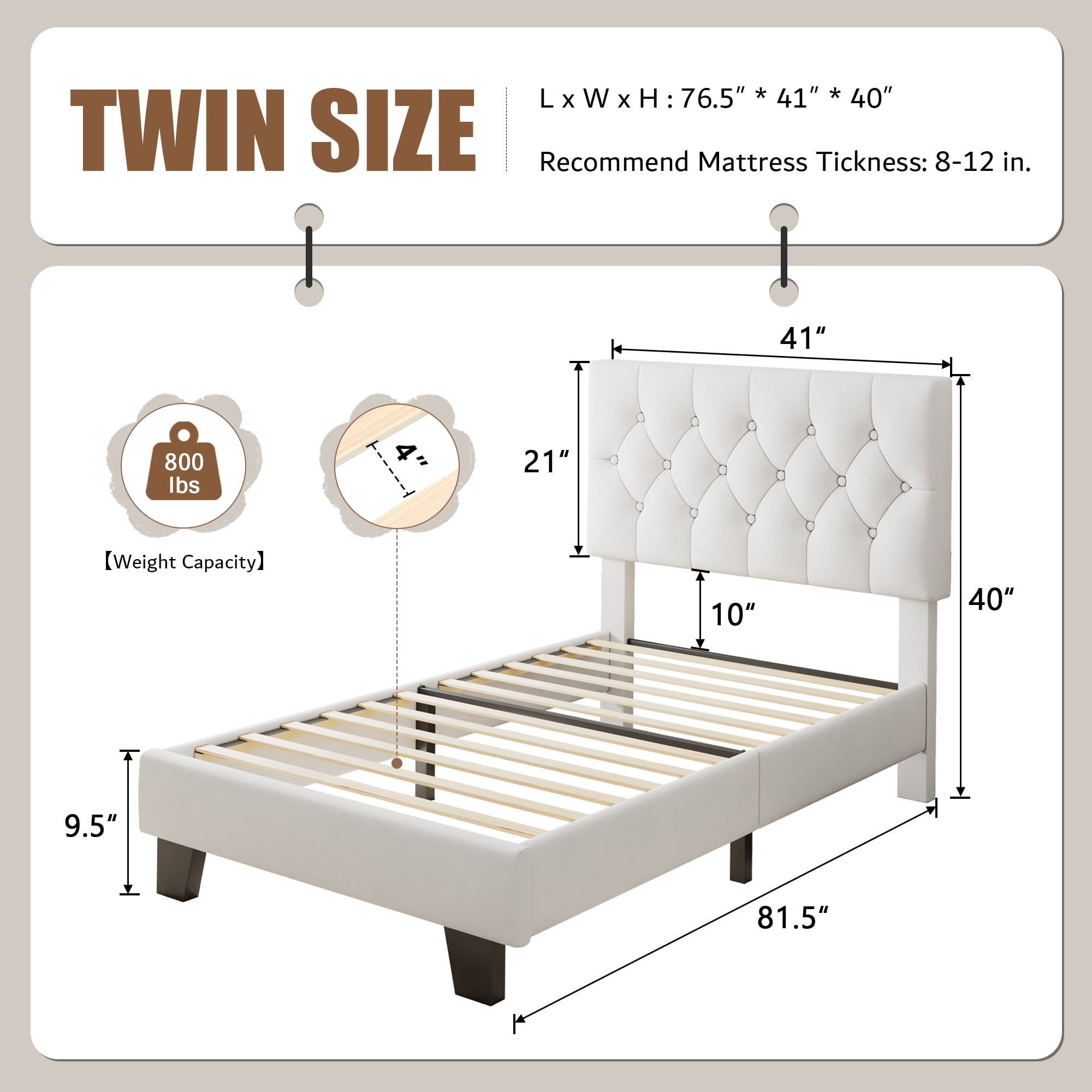 Honfach Twin Size Velvet Bed Frame with Upholstered Button Tufted Headboard, Platform Bed with Wooden Slats Support, No Box Spring Needed, Easy Assembly, Noise-Free, White