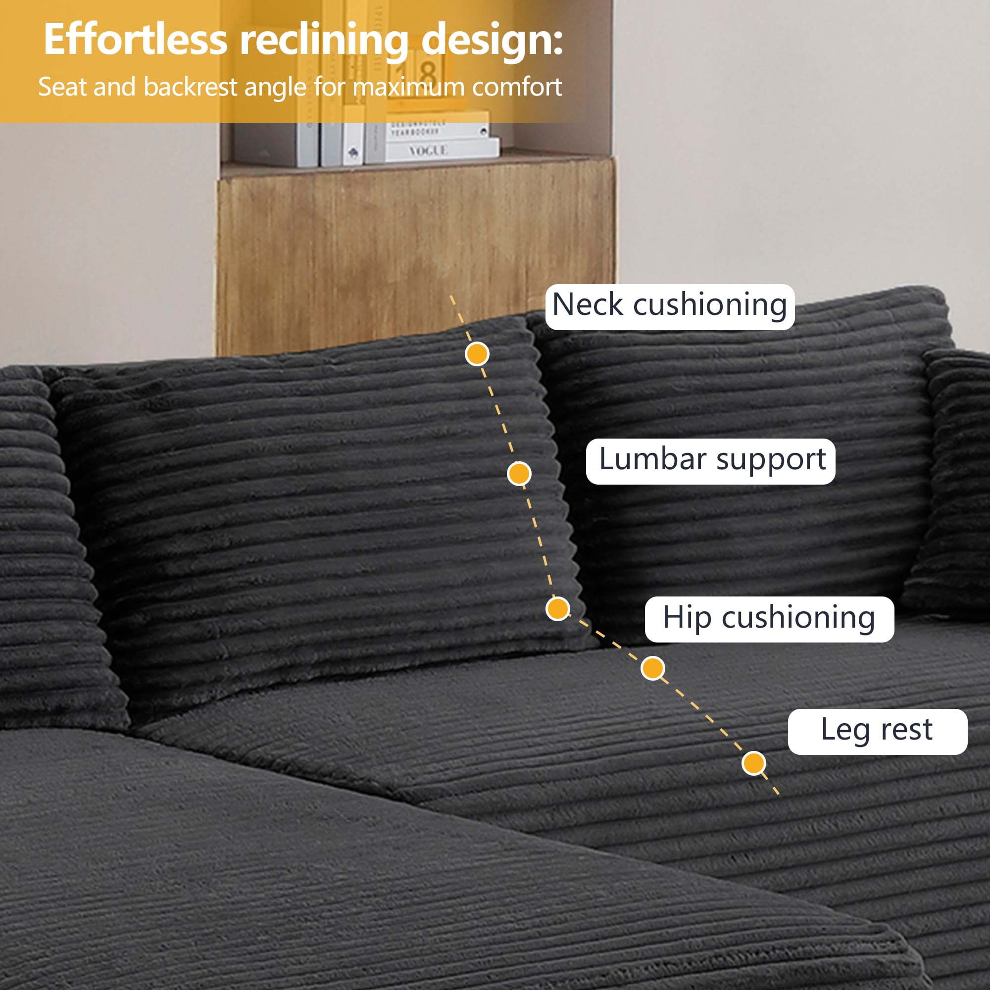 CAPCAEK 105" L-Shaped Modular Sectional Sofa with Chaise, Deep Seat Corduroy Couch with Throw Pillows for Living Room, No Assembly Required, Black