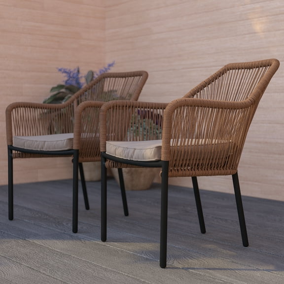 Merrick Lane Outdoor Furniture Sets 2 Piece Natural All-Weather Woven Patio Chairs With Ivory Cushions