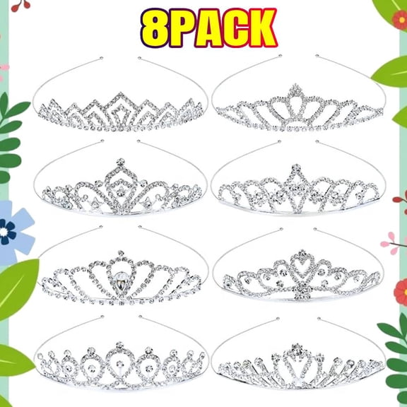 8 Pieces Decorative Princess Dazzling Rhinestone Silver Metal Tiara Crown Headbands Wedding Birthday Party Prom Headpieces for Brides Bridesmaids Women Girls