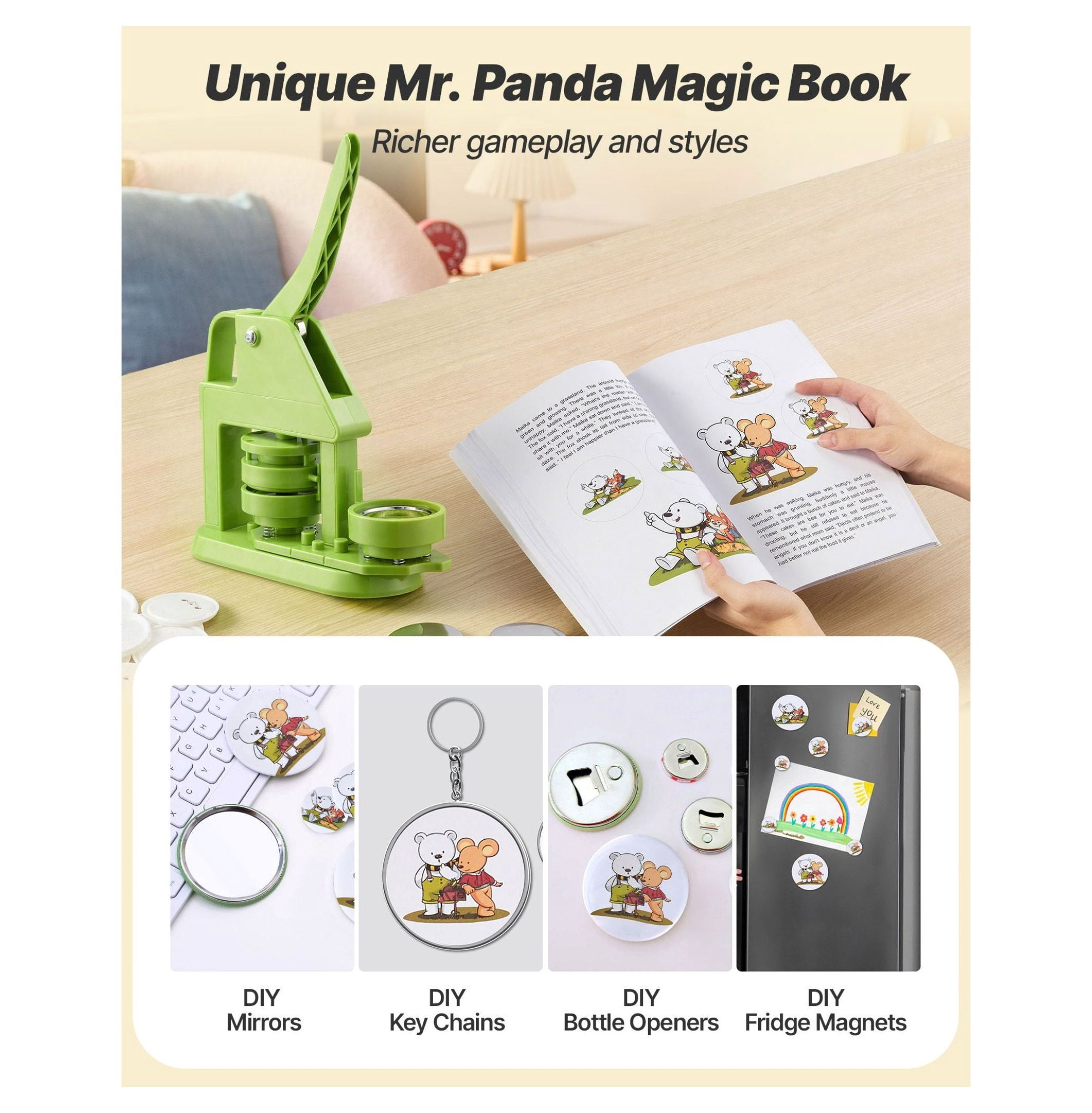 Button Maker Machine 2.28 inch, DIY Pin Making Kit with 100 Parts, Panda Magic Book & Tools for Badges, Personalized Gifts, Crafts & School Projects