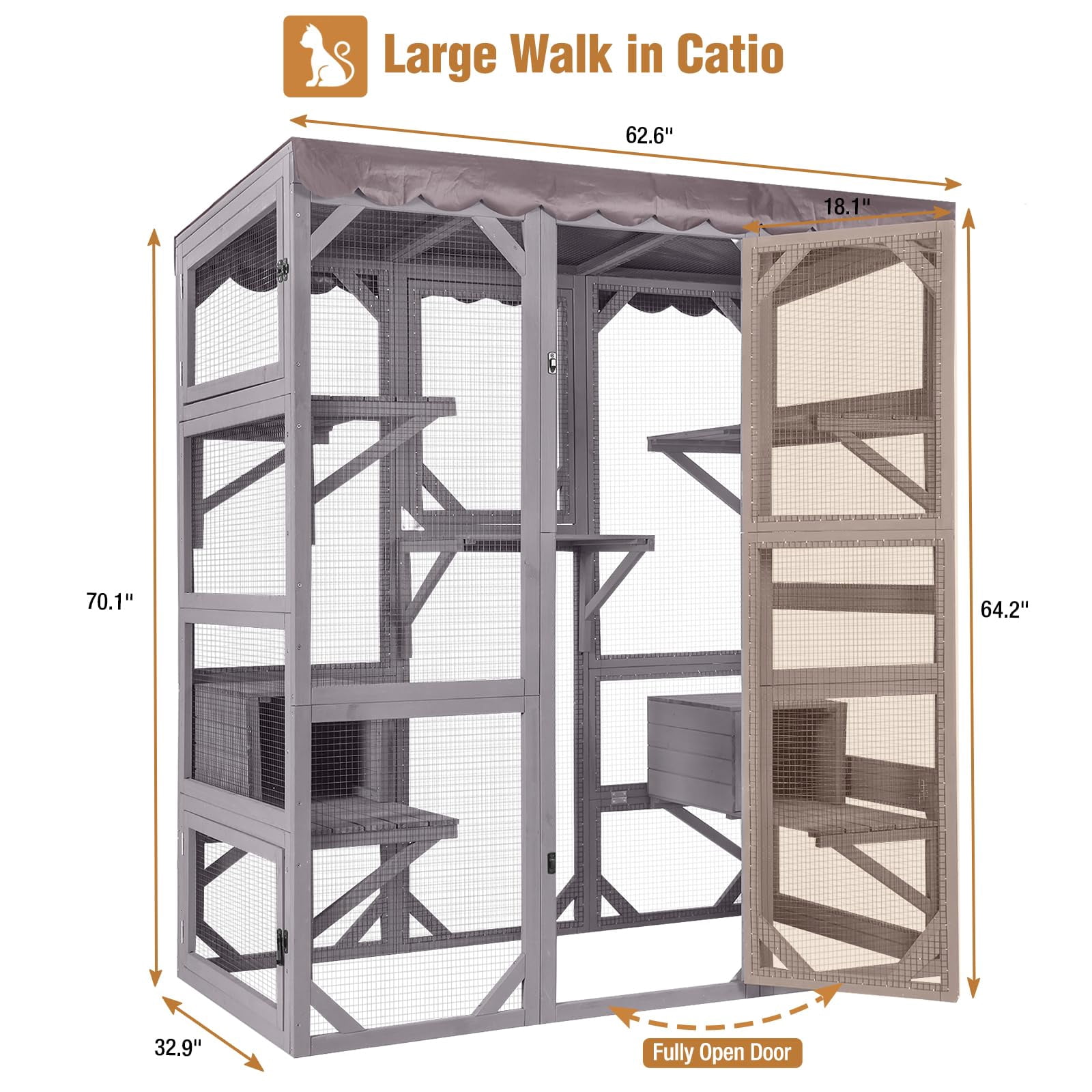 Wooden Outdoor Cat Enclosure with Condos and Waterproof Roof, Large Walk-in Catio for Multiple Cats, Indoor Shelter with Jumping Platforms, Grey
