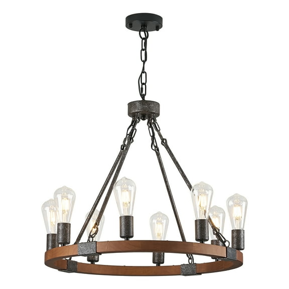 Farmhouse Wagon Wheel Chandelier 23.6" Black Rustic Light Fixtures 8-Light Wood Round Chandelier for Dining Room Kitchen Entryway Foyer