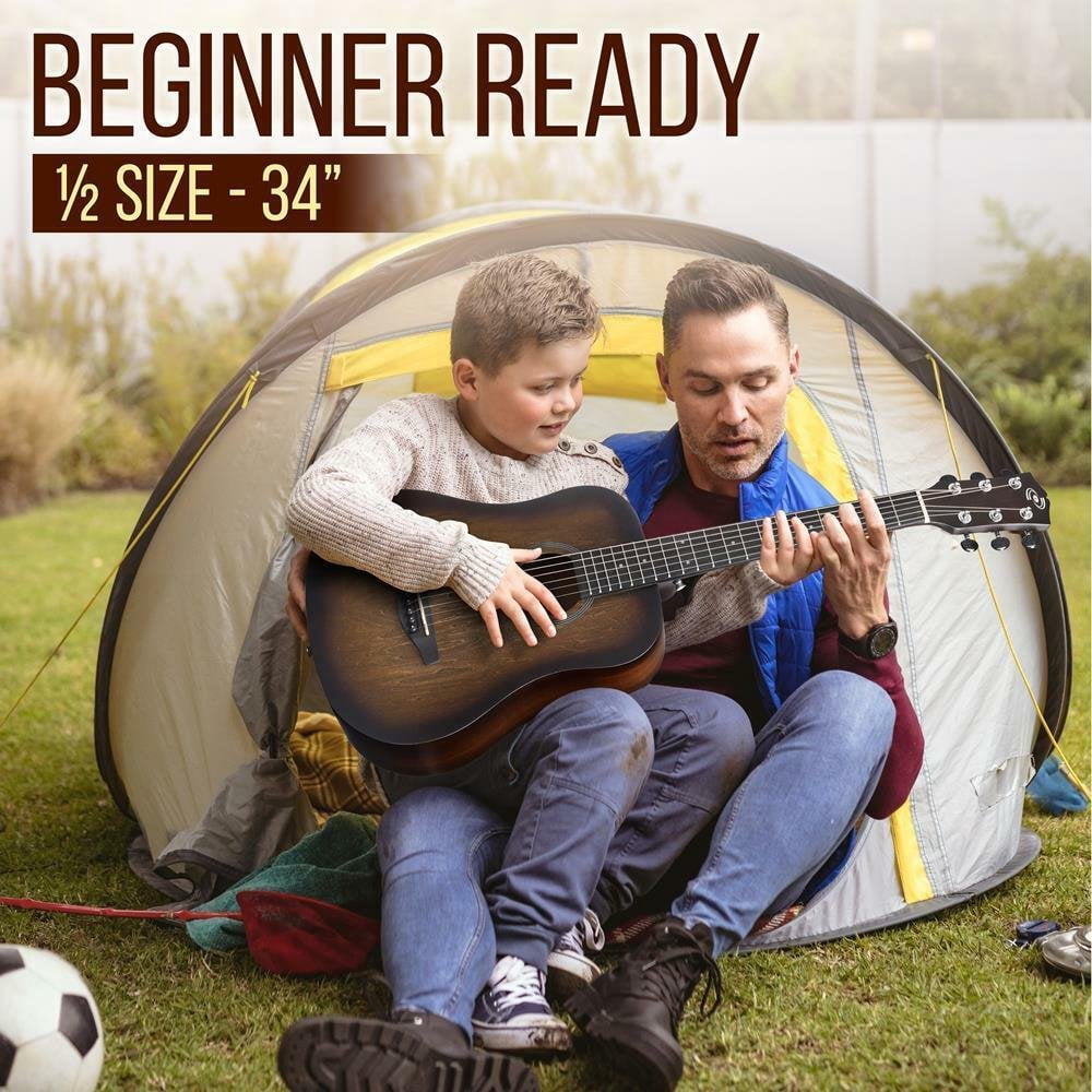 Pyle Acoustic Guitar Kit 1/2 Junior Size Steel String Instrument for Beginner Kids Adults 34” Brown