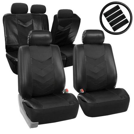 Side Split Full Leather FH Group Synthetic Leather Auto Accessory Full Set with Steering Wheel Cover and Seatbelt Pads, Side Airbag Compatible with Split Bench Function,Black ()