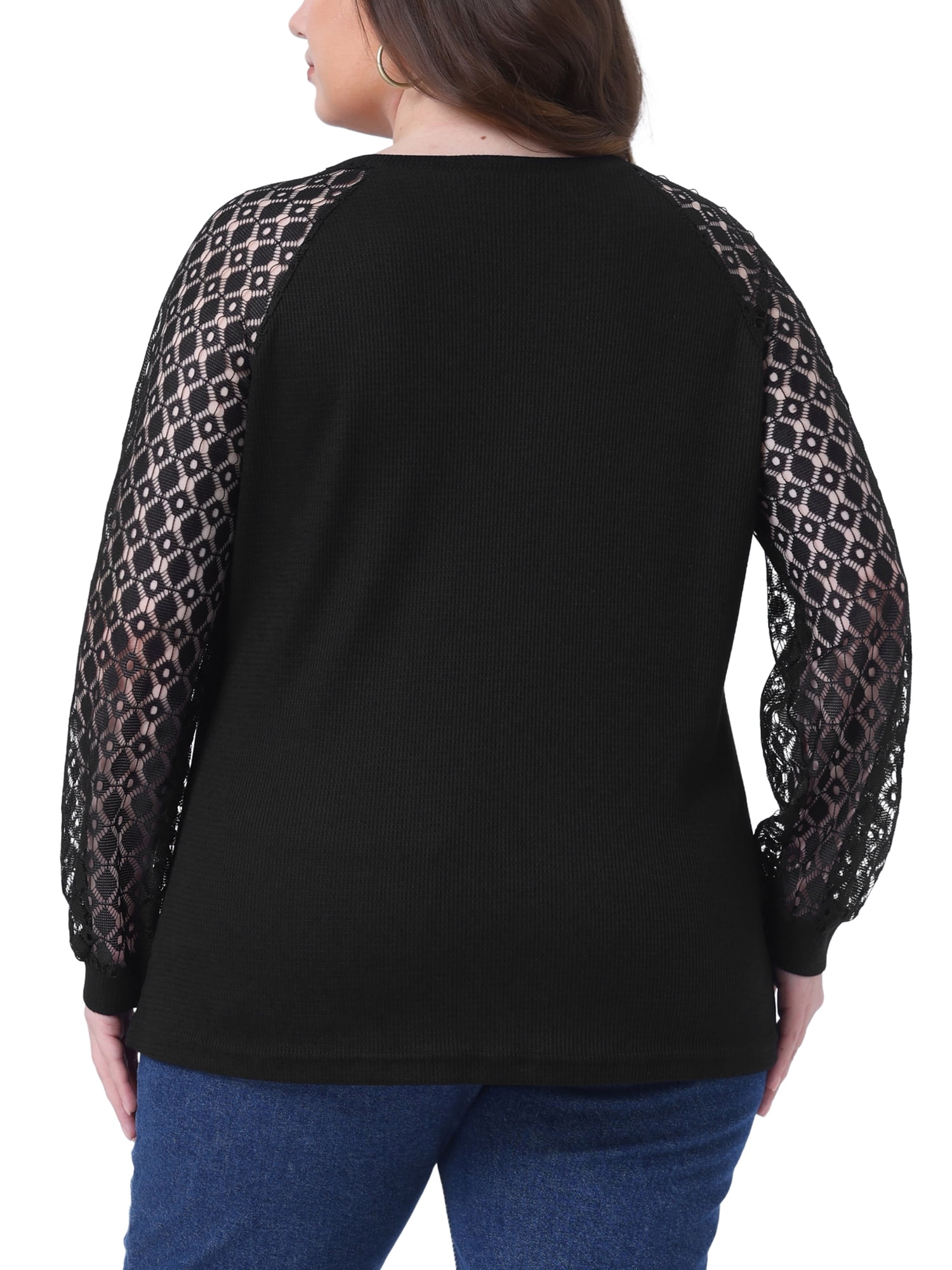 DARING DIVA Women's Plus Lace Crew Neck Long Sleeve Casual Blouse 3X Black