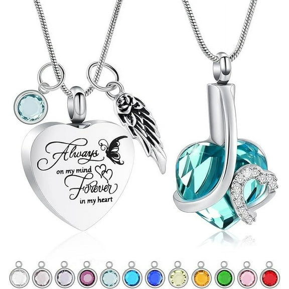 2 Pack Crystal Urn Necklace for Human Ashes Heart Birthstone Memorial Cremation Jewelry Ash Urn Necklace Memorial Cremation Necklace for Men Women