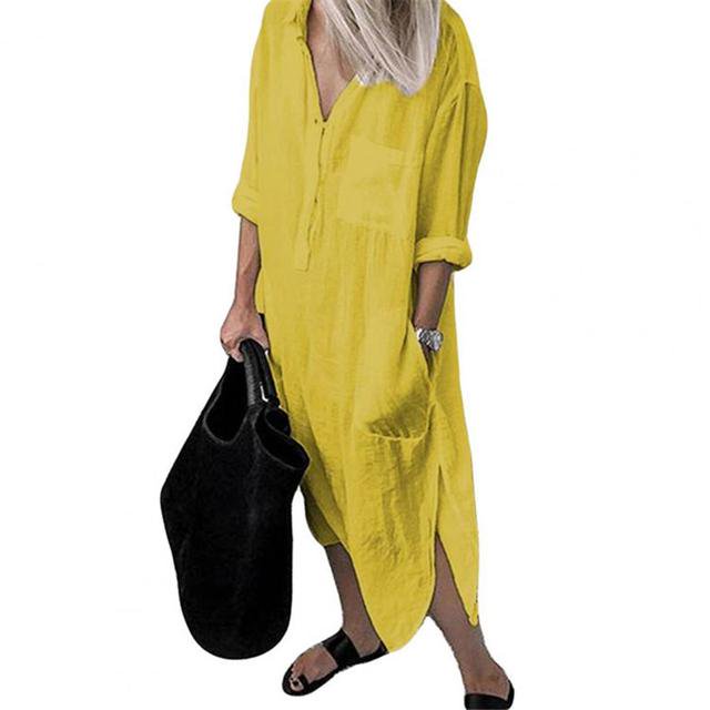 JUNWELL Shirt Dress Solid Color Side Split Spring Summer Temperament Loose-fitting Long Dress Casual Dress Maxi Dresses