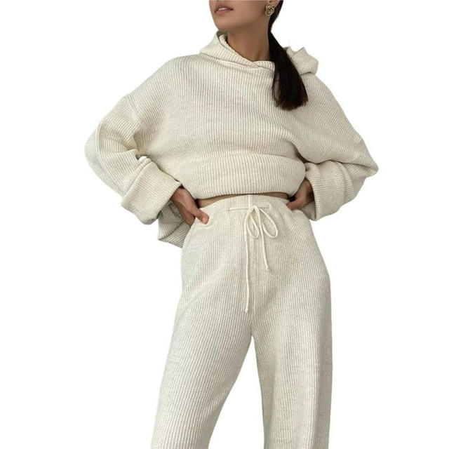 Conjunto de Dos Piezas para Mujer, Suéter Informal de Punto con Capucha y Pantalones Rectos, Ropa de Viaje para el Otoño. L