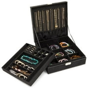 Black Jewelry Box with Lock, Two-Layer Travel Display Case and Storage Organizer with Removable Tray, 10.5 x 10.5 in