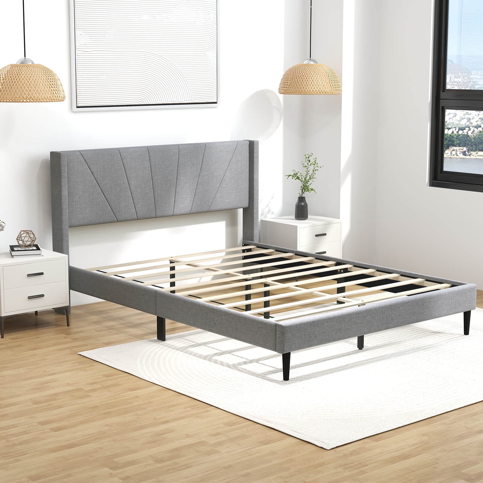 Infans Queen Bed Frame Modern Platform Bed with Linen Upholstered Wingback Headboard