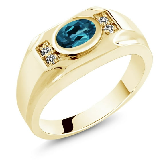 Gem Stone King Men's 18K Yellow Gold Plated Silver London Blue Topaz and White Diamond Ring (1.43 Cttw, Gemstone November Birthstone, Oval 8X6MM,, Size 8)