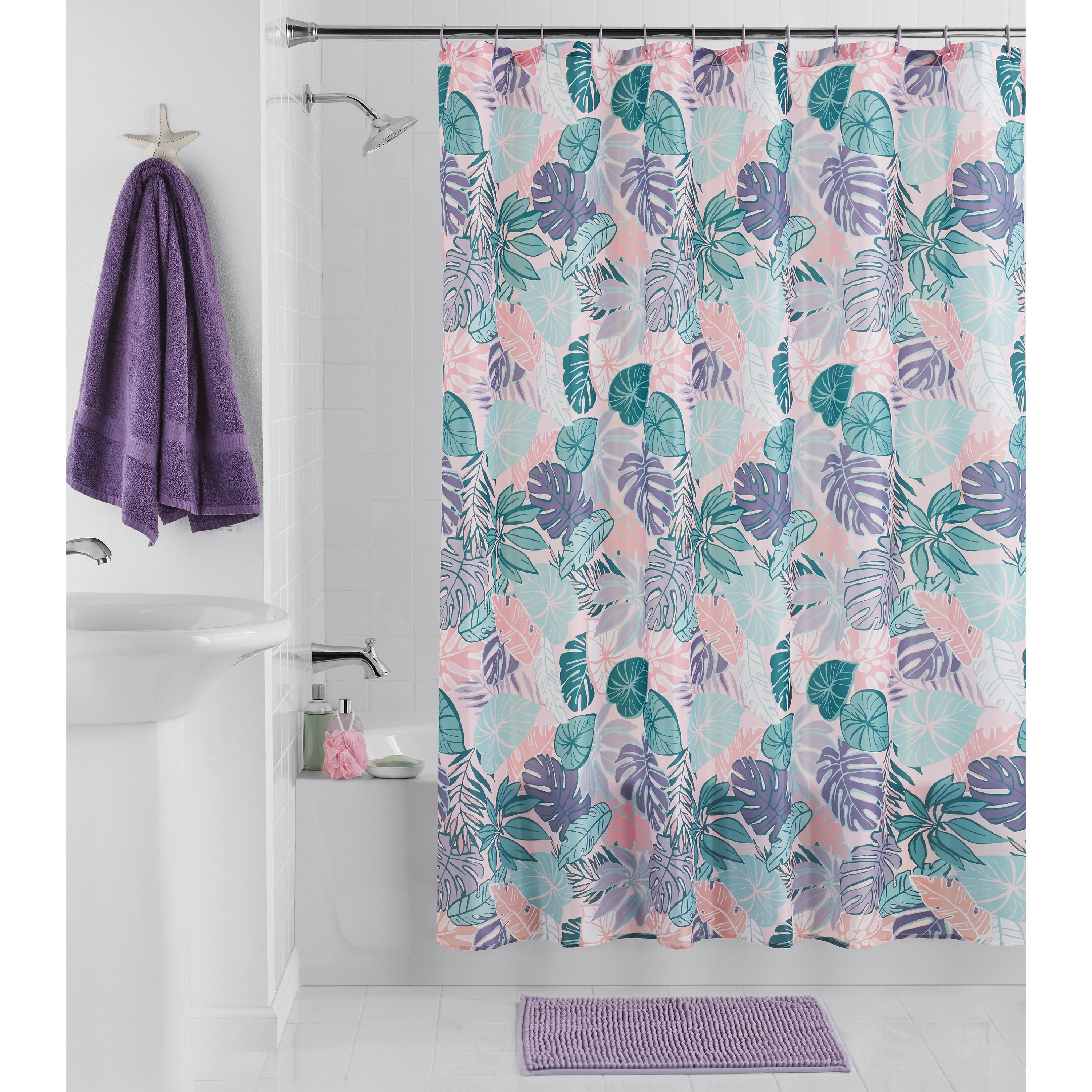 LB Watercolor Green Leaf Shower Curtain Tropical Plant Bath Curtain White Polyester Fabric Waterproof Bathroom Curtains,59x70 inch