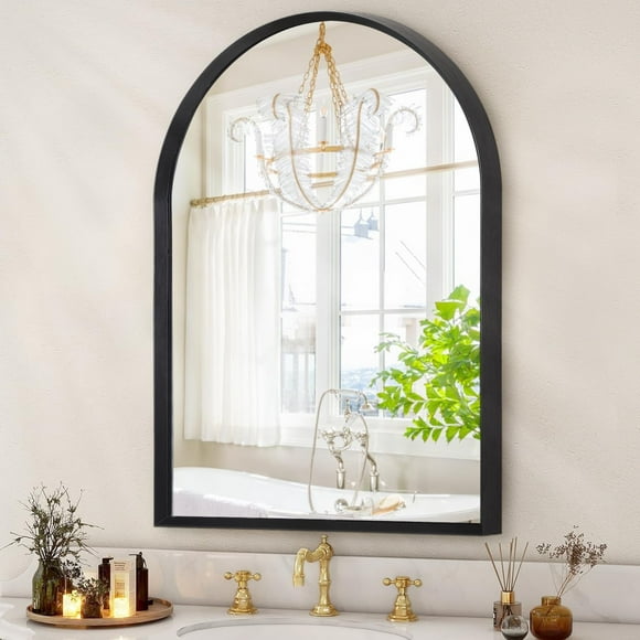 ERDS-Arched Wall Mirror, 26"x18" Black Metal Frame, Bathroom Vanity Mirror for Living Room, Bedroom, Mantel, Entryway