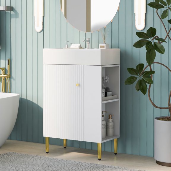MODERNLUXE 21.6" Small Bathroom Vanity with Ceramic Sink,Modern Freestanding Bathroom Storage Cabinet with 1 Door & Right Side Storage for Small Space,Easy Assembly,White