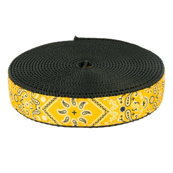 Country Brook Design® 3/4 Inch Yellow Bandana Ribbon on Black Nylon Webbing, 20 Yards