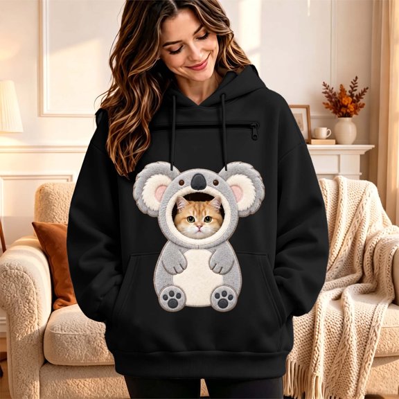 CUZIBR Pet Hoodie Carrier For Cat Women'S Oversized Sweatshirt Cartoon Animal Hooded Long Sleeve Cozy Daily Tops,Black,XS