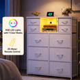 thumbnail image 4 of melmine White Tall Dresser for Bedroom with Charging Station & LED Lights 10 Fabric Drawer Modern Chest for Living Room, 4 of 13
