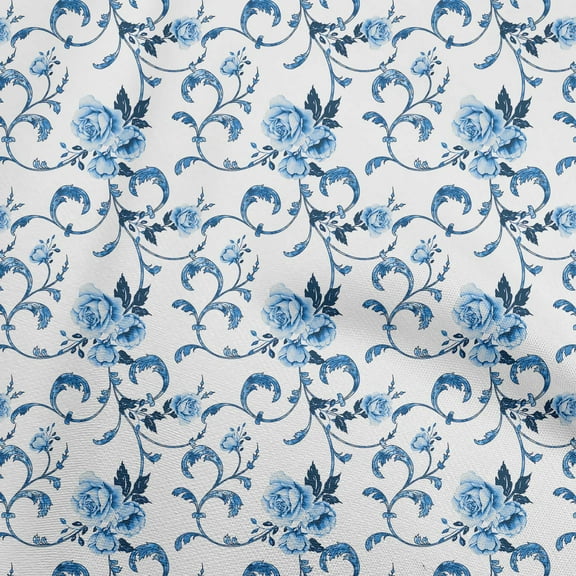 oneOone Polyester Spandex Medium Blue Fabric Asian Pottery Floral Sewing Craft Projects Fabric Prints By Yard 56 Inch Wide
