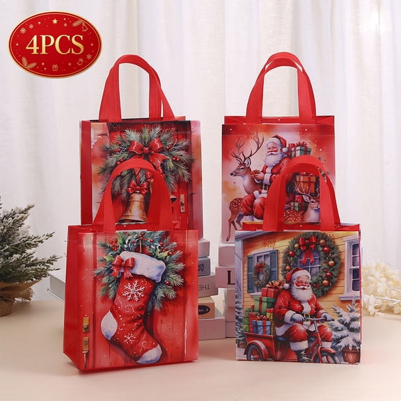 Tryvkinvive Christmas Gift Bags with Handles 4PCS,Heavy Duty Non-Woven Waterproof Christmas Tote Bag Storage Bags for Holiday Xmas Party Favors Gifts Wrapping Shopping Supplies Decorations Containers
