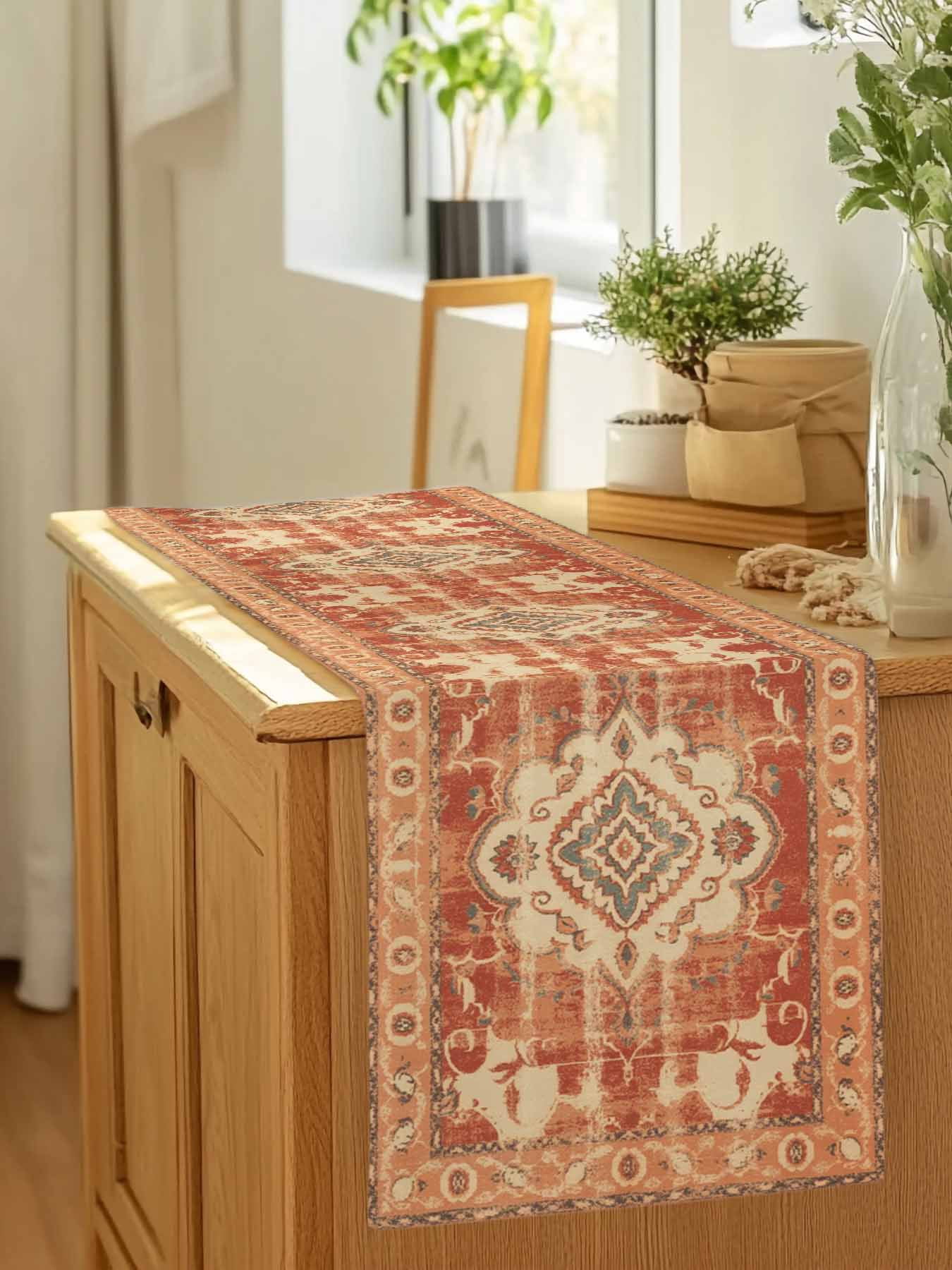 Vintage Ethnic Tribal Floral Table Runner 90 Inches Long, Traditional Oriental Orange Table Runners Tabletop Scarf Kitchen Dining Tables Decoration for Home Party Indoor Outdoor