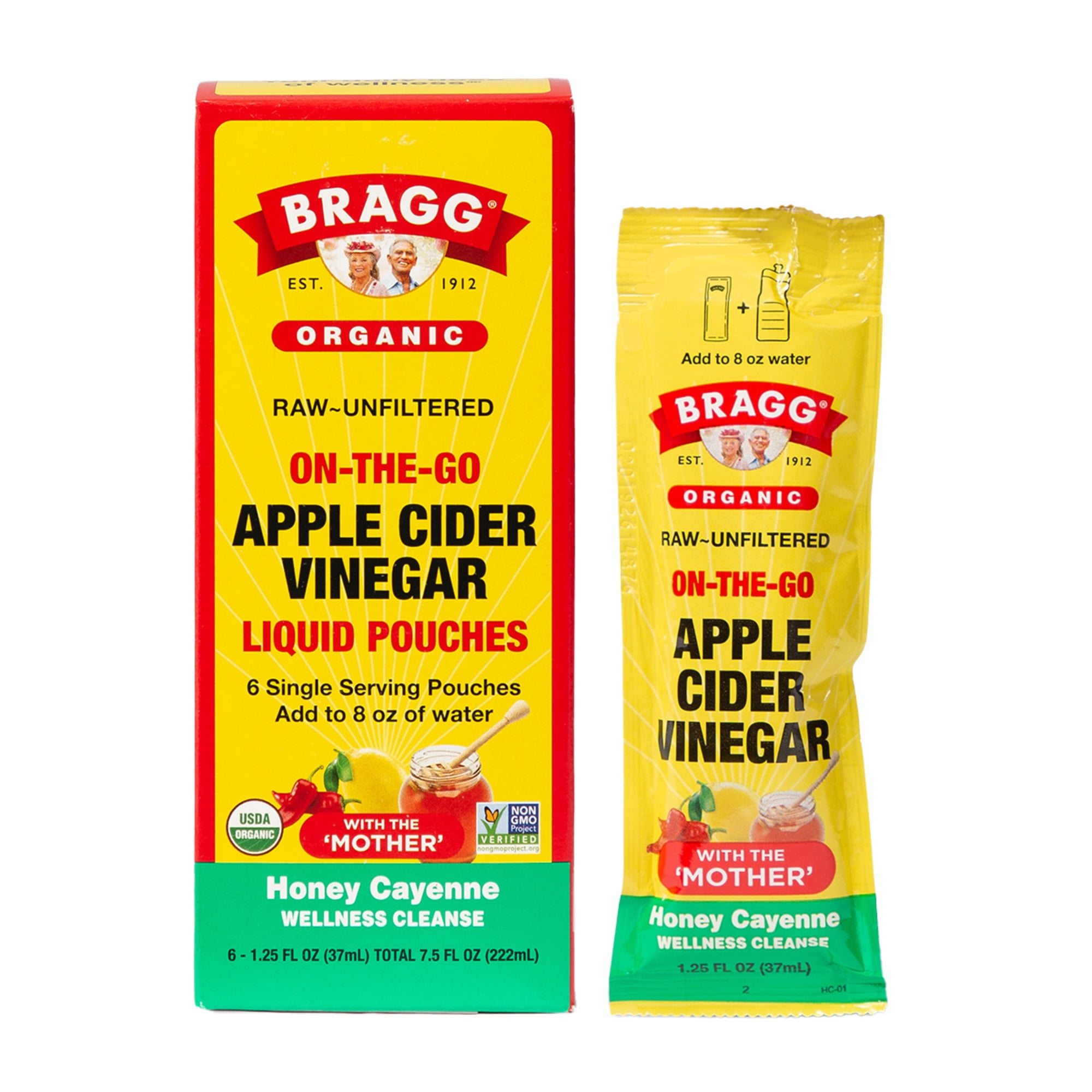 (6 pack) Bragg On-the-Go Organic Apple Cider Vinegar Honey Cayenne Pouches, 1.25 fl oz, 6 Pack