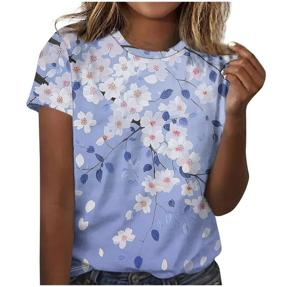 Floral Printed Plus Size Shirts for Women 2025 Casual Crew Neck T-shirt Cute Trendy Short Sleeve Tees for Teen Girls