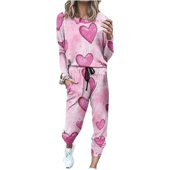 Hueook Going Out Outfits for Women's Classic Print Long Sleeve Sport Pullover Pants Set Multicolor M