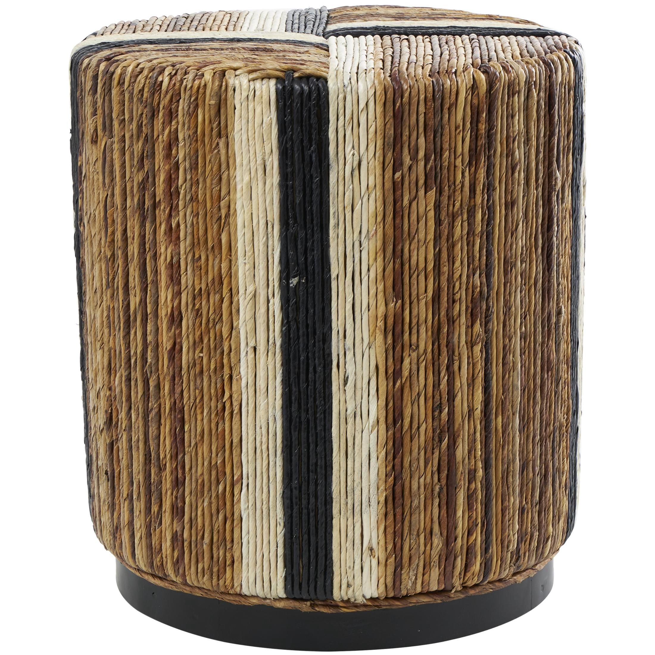 DecMode 16" x 18" Brown Banana Leaf Handmade Linear Wrapped Drum Accent Table with Cream and Black Stripes, 1-Piece
