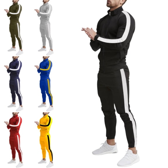 Domuza Mens Sweatsuits 2 Piece Set Jogging Zip Up Jackets Activewear 2 Piece Outfit Athletic Fall Winter Drawstring Long Sleeve Outfit Black XL