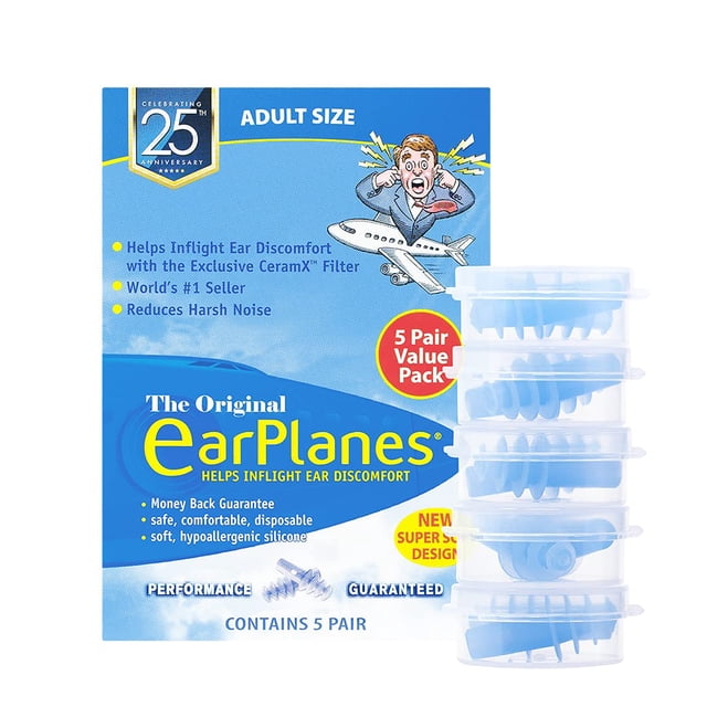 tapones para los oídos earplanes para viajes en avión, protección auditiva para adultos — empaque frontal azul tamaño adulto con logo EarPlanes y texto que destaca el filtro CeramX, reducción de ruido y diseño Super Soft; a la derecha cinco fundas plásticas apiladas con pares de tapones visibles; ilustración de avión y sello de 25 aniversario. Uso habitual: guardar en el equipaje de mano para usar en despegue y aterrizaje.