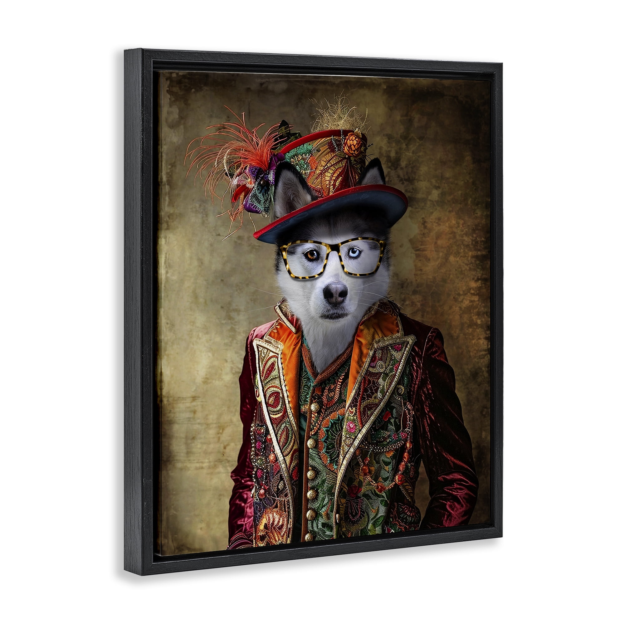 Stupell Industries Husky Dog Eclectic Suit Animals & Insects Painting Black Floater Framed Canvas Art Print Wall Art, 17 x 21