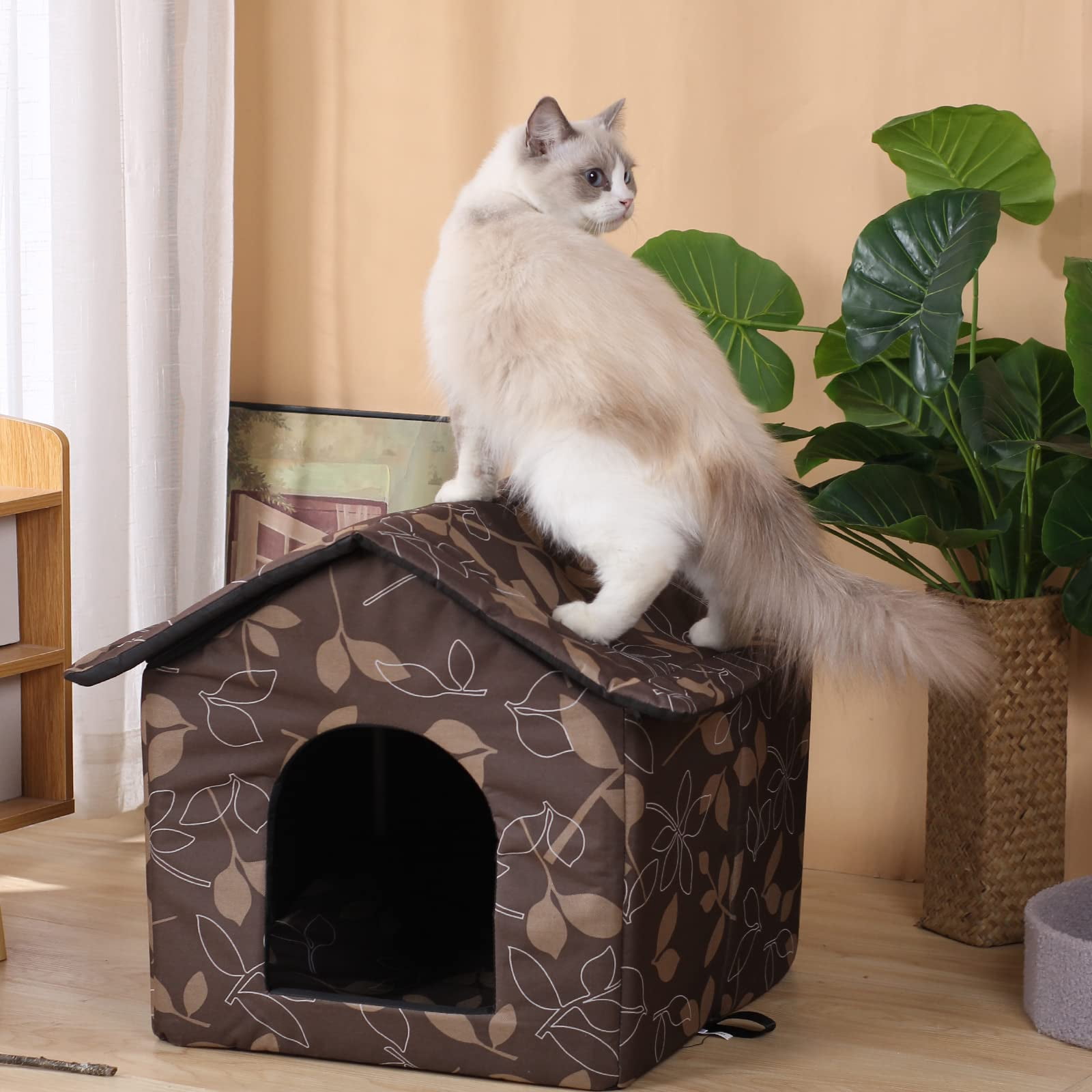 Outdoor Cat House Cat House for Outdoor and Indoor Use - Waterproof Shelter for Cats, Dogs, and Feral Animals (Grey Wood Color, Large)