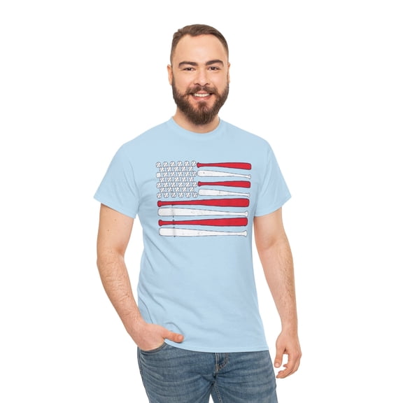 Baseball Bat American Flag T-Shirt – Patriotic Sports Tee (LightBlue, S, Crew)