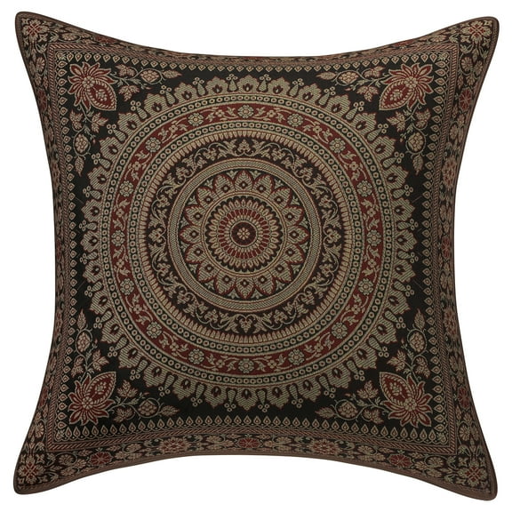 Stylo Culture Indian Brocade Home Decor Throw Pillow Sham Cover Black 16 x 16 Traditional Jacquard Weave Gold Sofa Cushion Cover 40x40 cm Polydupion Silk Mandala Square Pillow Case | 1 Pc